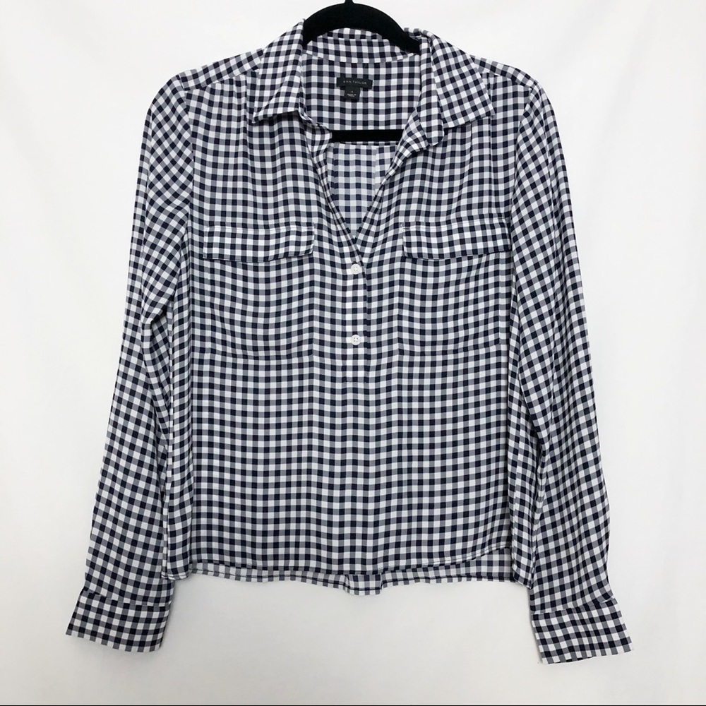 Ann Taylor Half Button Up Gingham Blouse